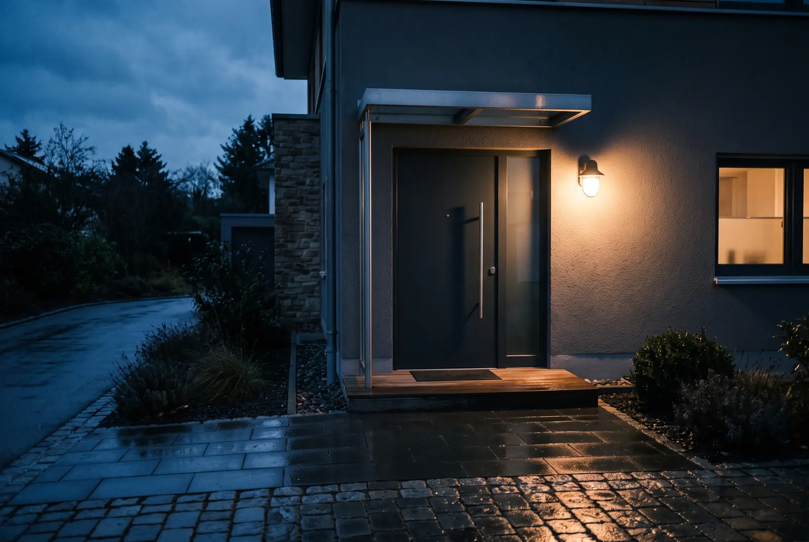 Beleuchtete Haustür eines Wohnhauses bei Nacht, nasses Pflaster davor
